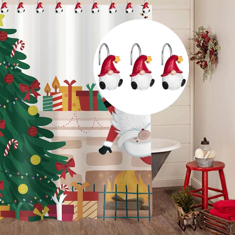 Sunlit Christmas Shower Curtain Hooks, Gnome Shower Curtain Rings, Hand Painted Resin Christmas Decor, Winter Bathroom Decoration, Red Hat with Yellow Star, Set of 12 - Image 4